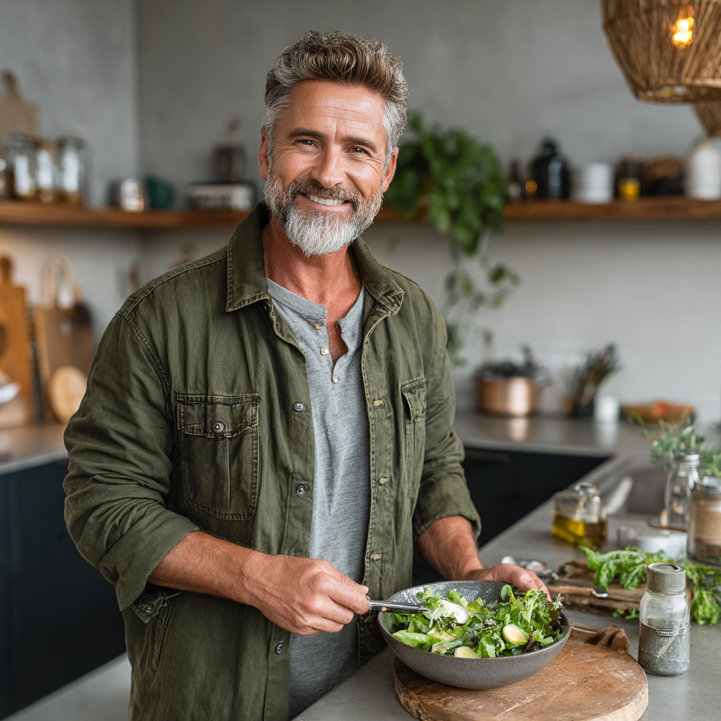 Hombre de 55 años sonriendo mientras prepara una ensalada saludable en su cocina moderna, mostrando satisfacción con su nuevo plan nutricional