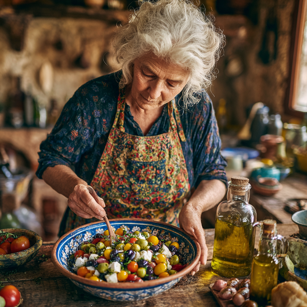 Mujer de 58 años preparando una colorida ensalada mediterránea con verduras frescas, aceite de oliva y hierbas aromáticas, siguiendo su plan personalizado de DietAtlas