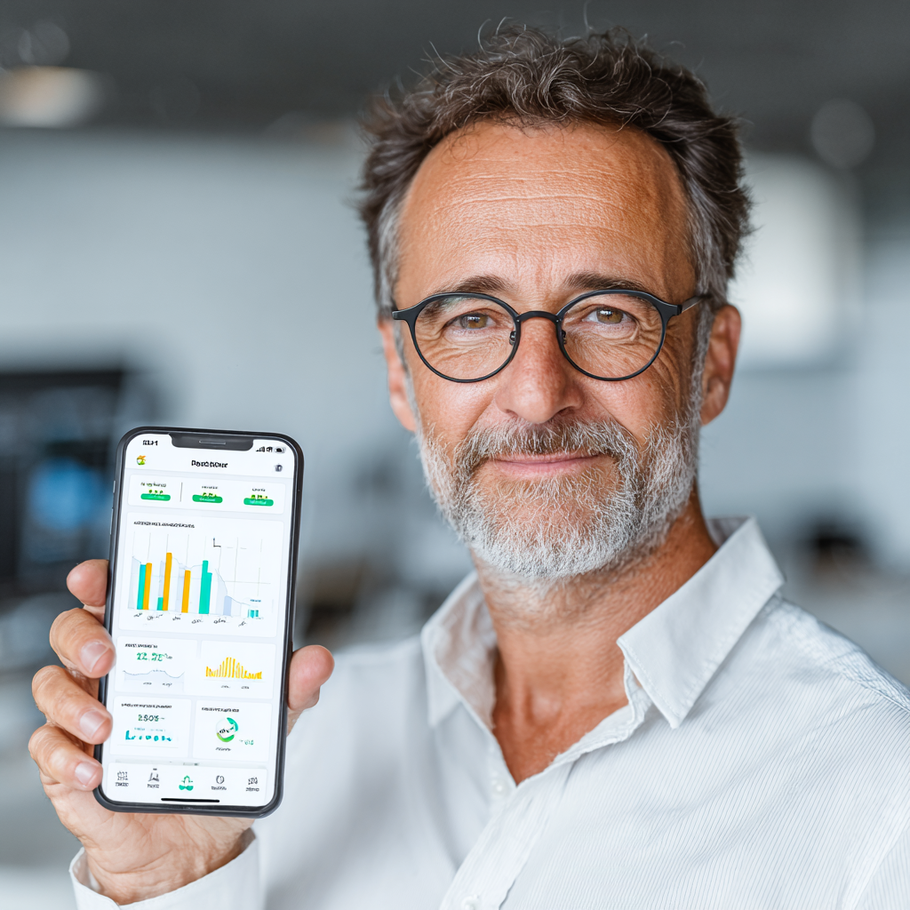 Hombre de 60 años con expresión satisfecha mientras consulta la aplicación de DietAtlas en su smartphone, mostrando los resultados positivos obtenidos durante su semana gratuita de prueba